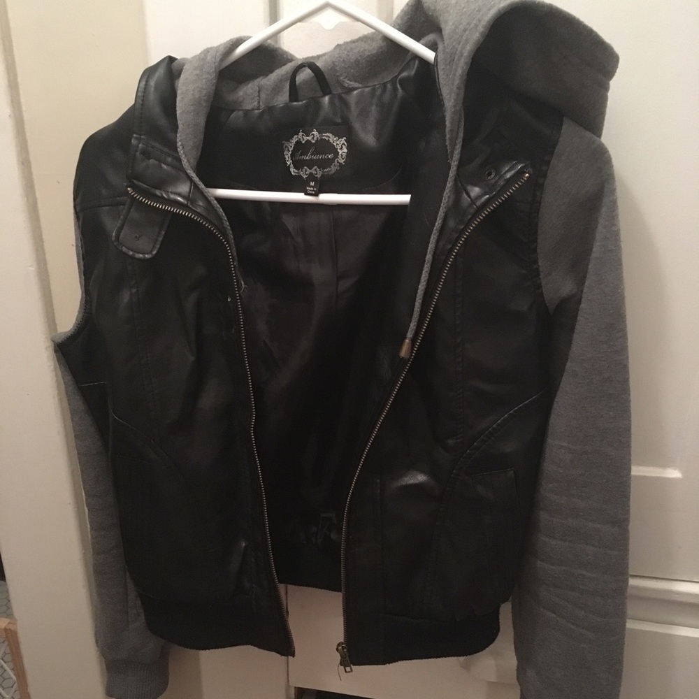 Leather hooded jacket.